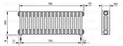 Схема (чертеж) Радиатор Zehnder Charleston 3030/17 №5310 Белый глянцевый RAL 9016